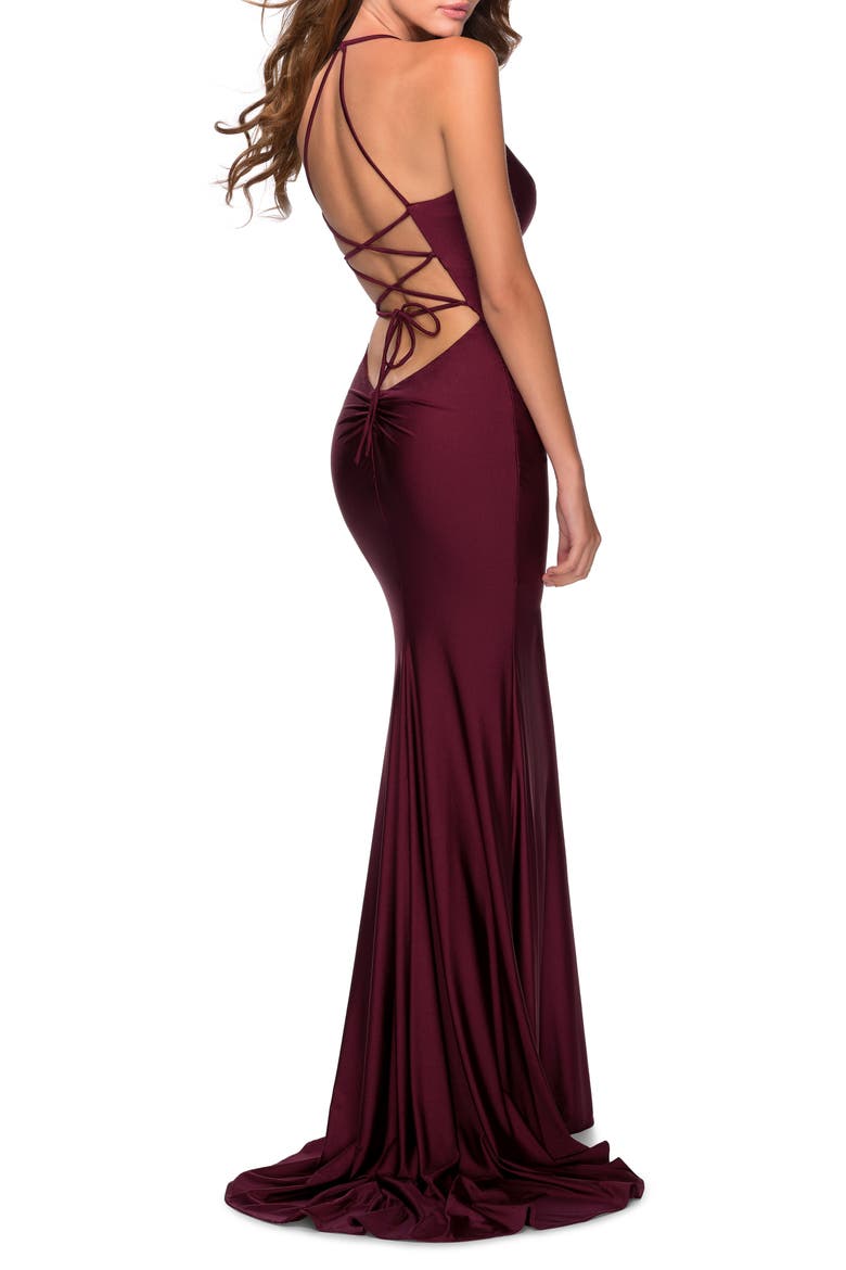 Empire Waist Dress with Ruching and Lace Up Back, Alternate, color, DARK BERRY