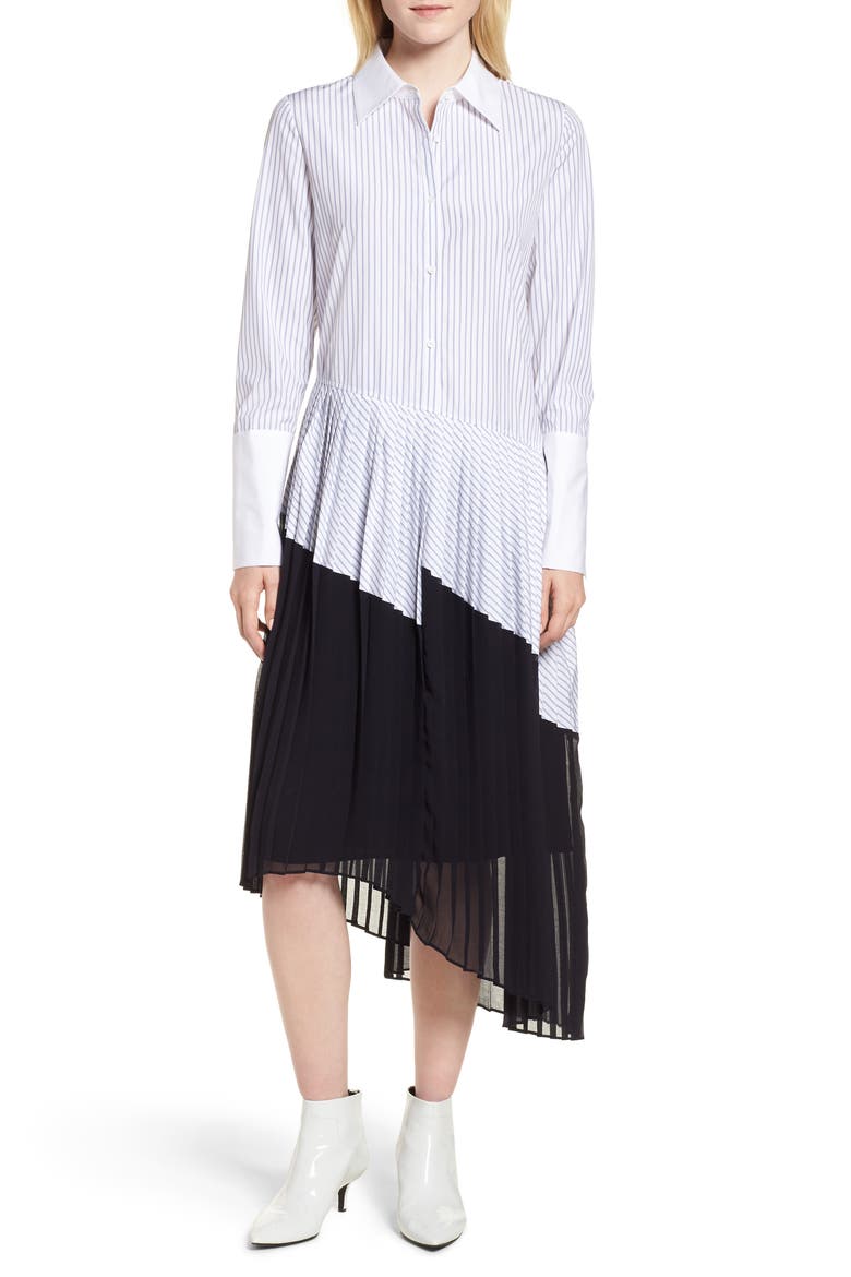 Asymmetrical Pleated Shirtdress, Main, color, WHITE- NAVY VENICE STRIPE
