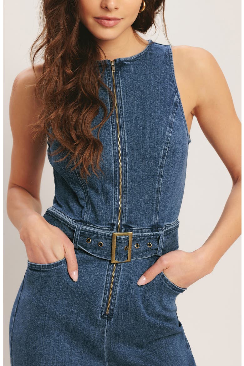 Belted Denim Jumpsuit, Alternate, color, MEDIUM INDIGO