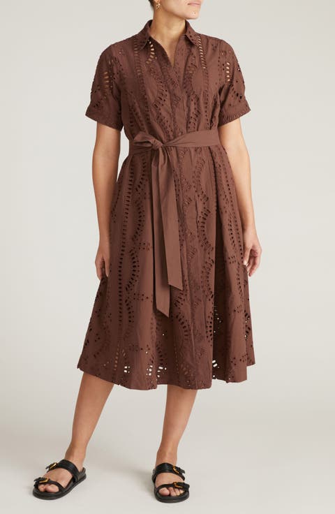 Eyelet Tie Waist Poplin Shirtdress (Regular & Plus)