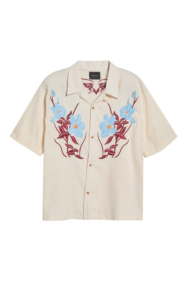 Jasmine Floral Embroidered Cotton & Linen Camp Shirt, Main, color, CREAM