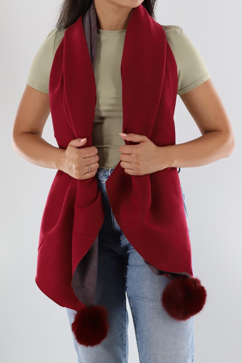 Two Tone Scarf with Faux Fur Poms, Alternate, color, Wine