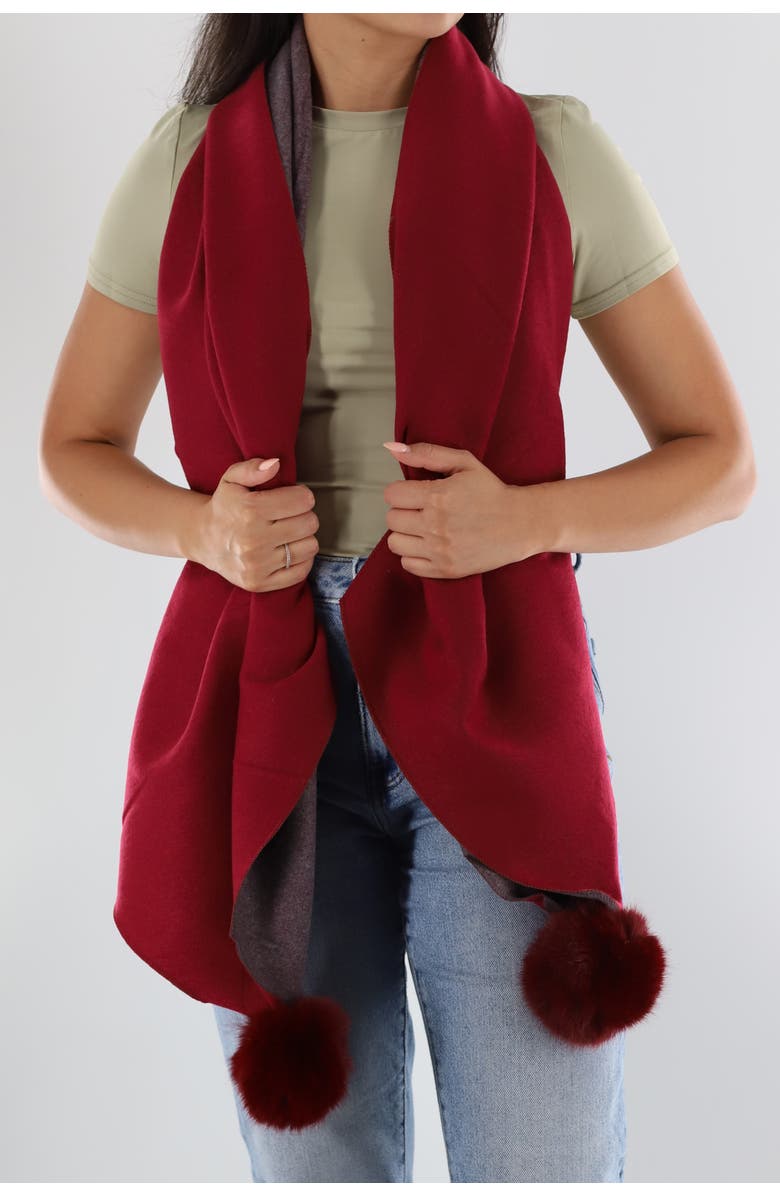 La Fiorentina Two Tone Scarf with Faux Fur Poms, Alternate, color, Wine