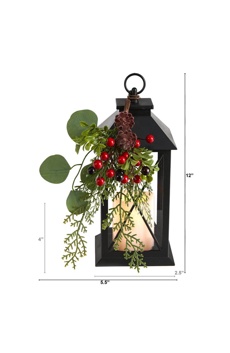 NEARLY NATURAL 12-in Holiday Berries and Greenery Metal Lantern Artificial Table Christmas Arrangement with LED Candle Included, Alternate, color, Green/Red