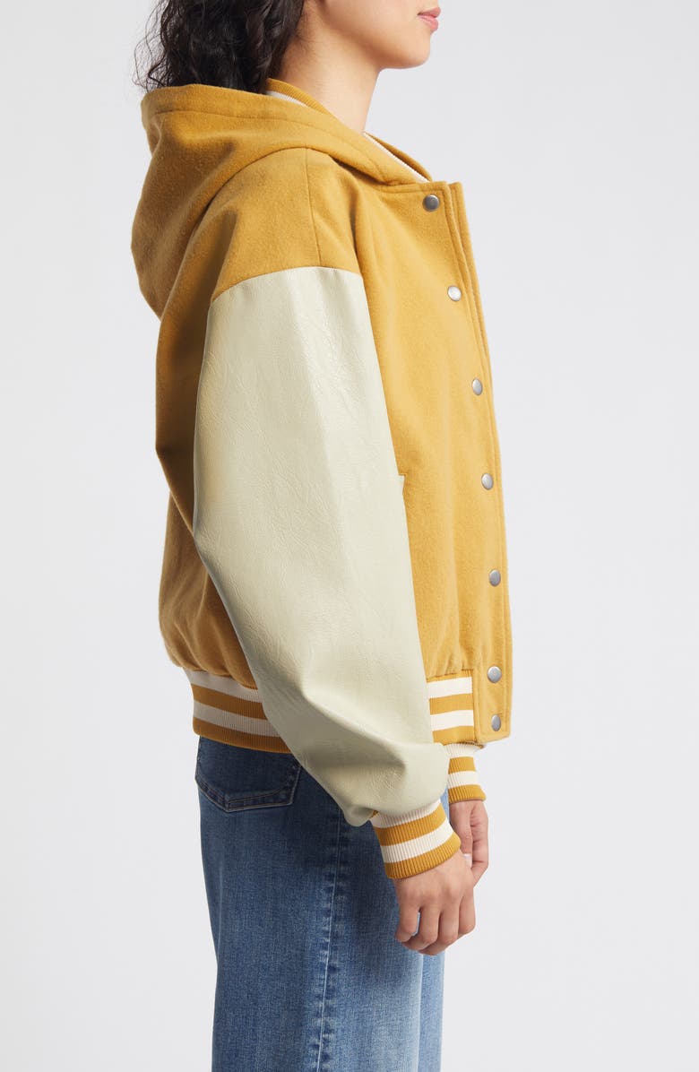 Steve Madden Finn Hooded Faux Leather Sleeve Twill Bomber Jacket, Alternate, color, 