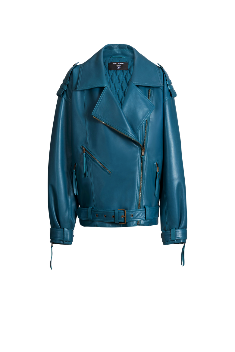 Lambskin leather biker jacket, Alternate, color, blue