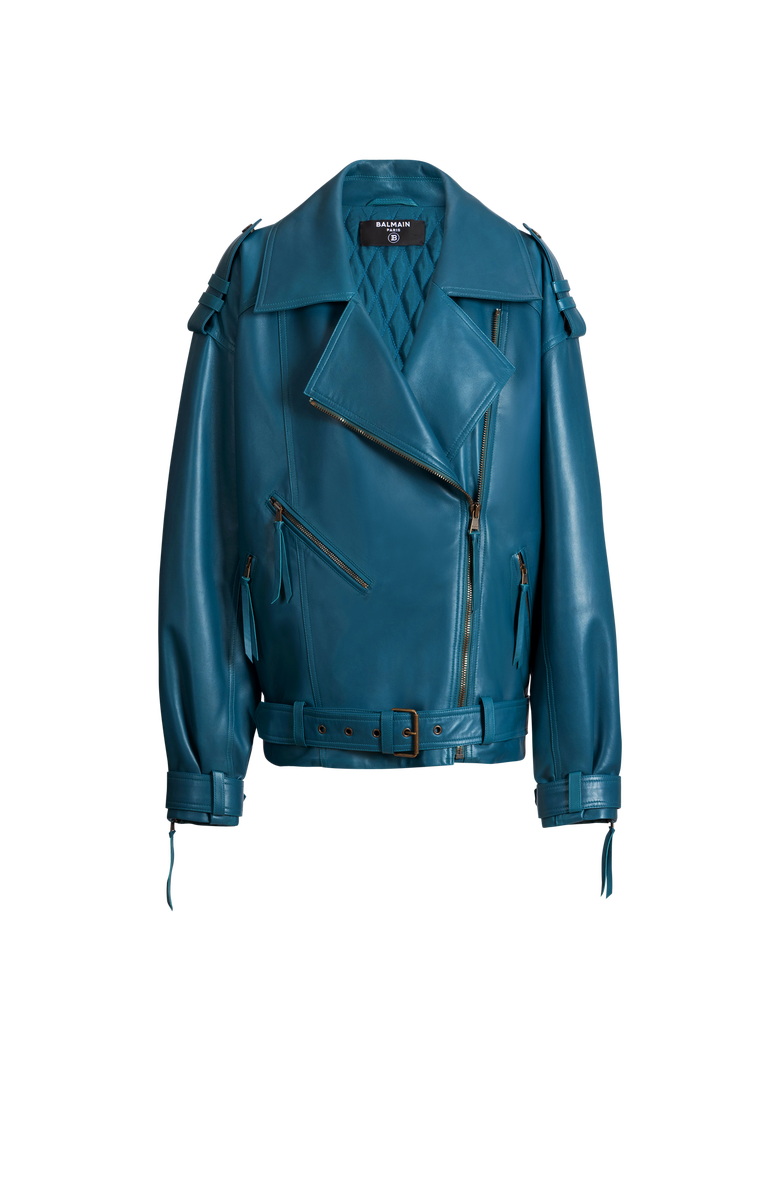 Balmain Lambskin leather biker jacket, Alternate, color, Blue