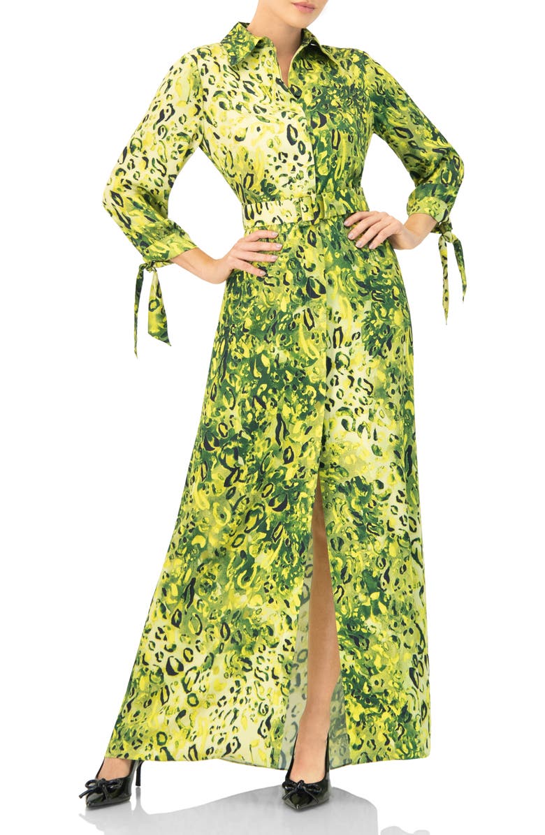 IVONNE Long Sleeve Printed Maxi Shirt Dress, Main, color, Green