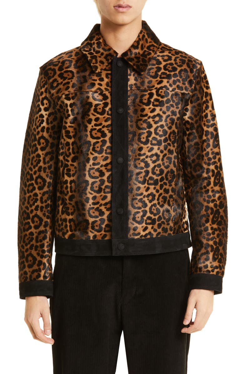 AMI PARIS Leopard Print Genuine Calf Hair Snap-Up Jacket, Main, color,