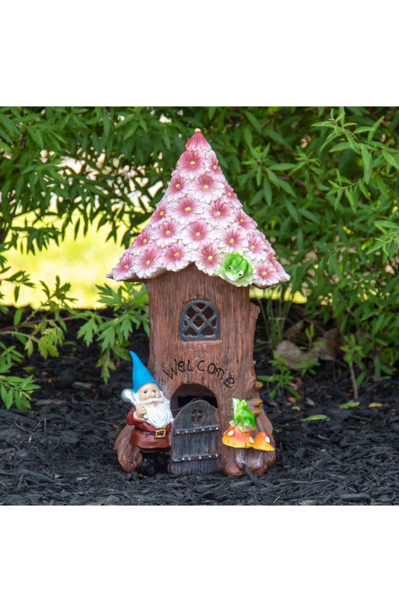 Northlight 14" Solar Lighted Bless Our Home Gnome Tree House Outdoor Garden Statue, Alternate, color, Brown