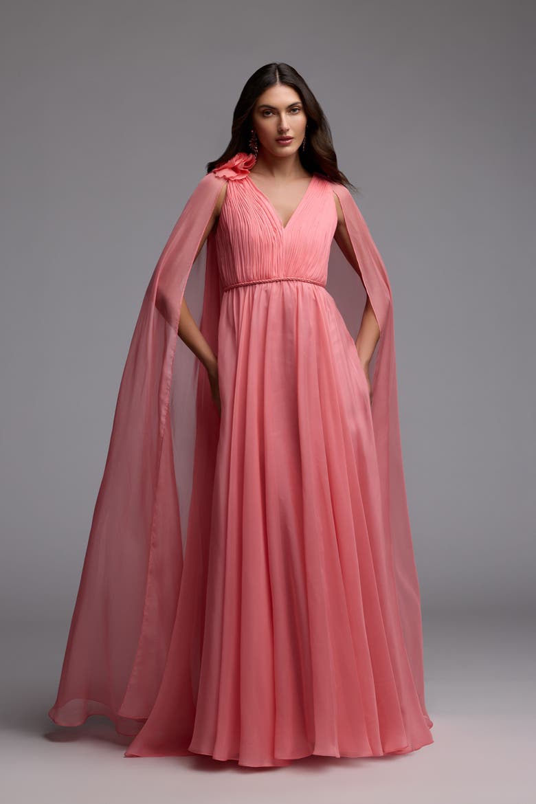 Chiffon V-Neck Cape Sleeve Gown with Floral Shoulder Detail, Alternate, color, Hibiscus