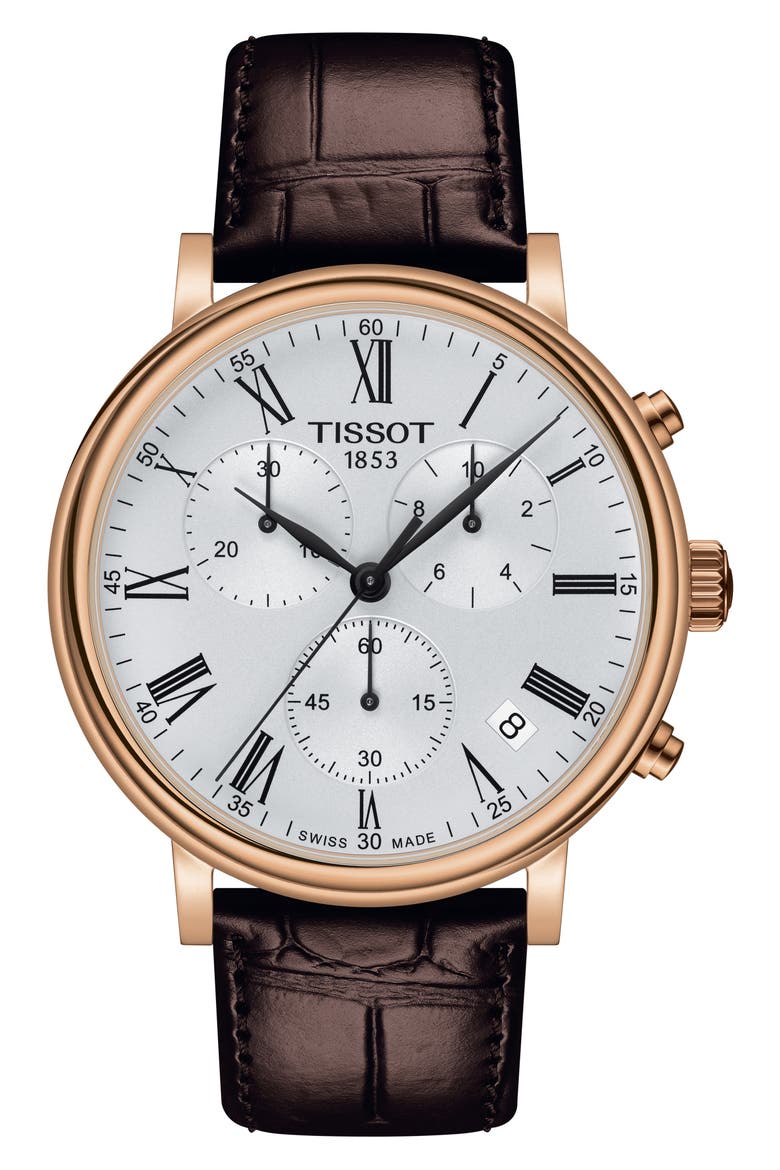 T-Classic Carson Premium Chronograph Leather Strap Watch, 41mm, Main, color, BROWN/GOLD