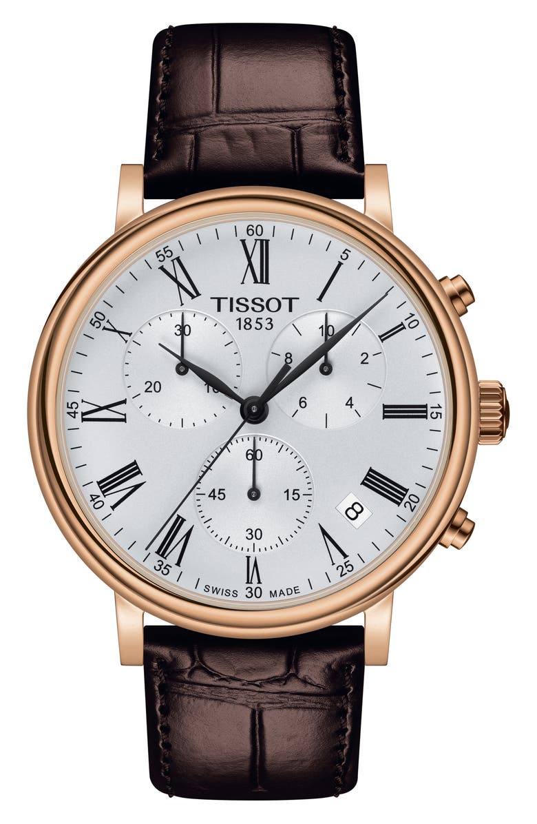 Tissot T-Classic Carson Premium Chronograph Leather Strap Watch, 41mm, Main, color, 