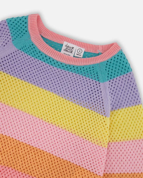Deux Par Deux Little Girl's Cotton Sweater With Fringe Multicolor Stripes In Multicolored Stripes