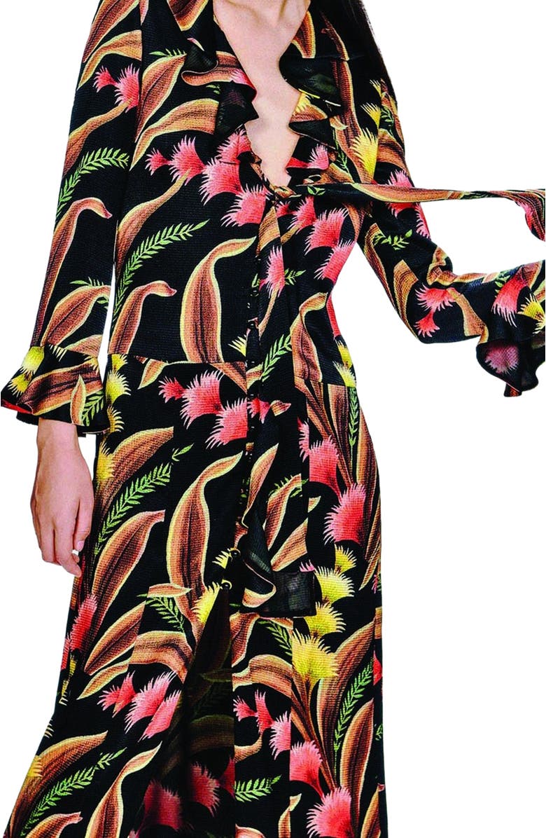 Anna Sui Feather Fern Ruffle Tie Dress, Alternate, color, Black Multi