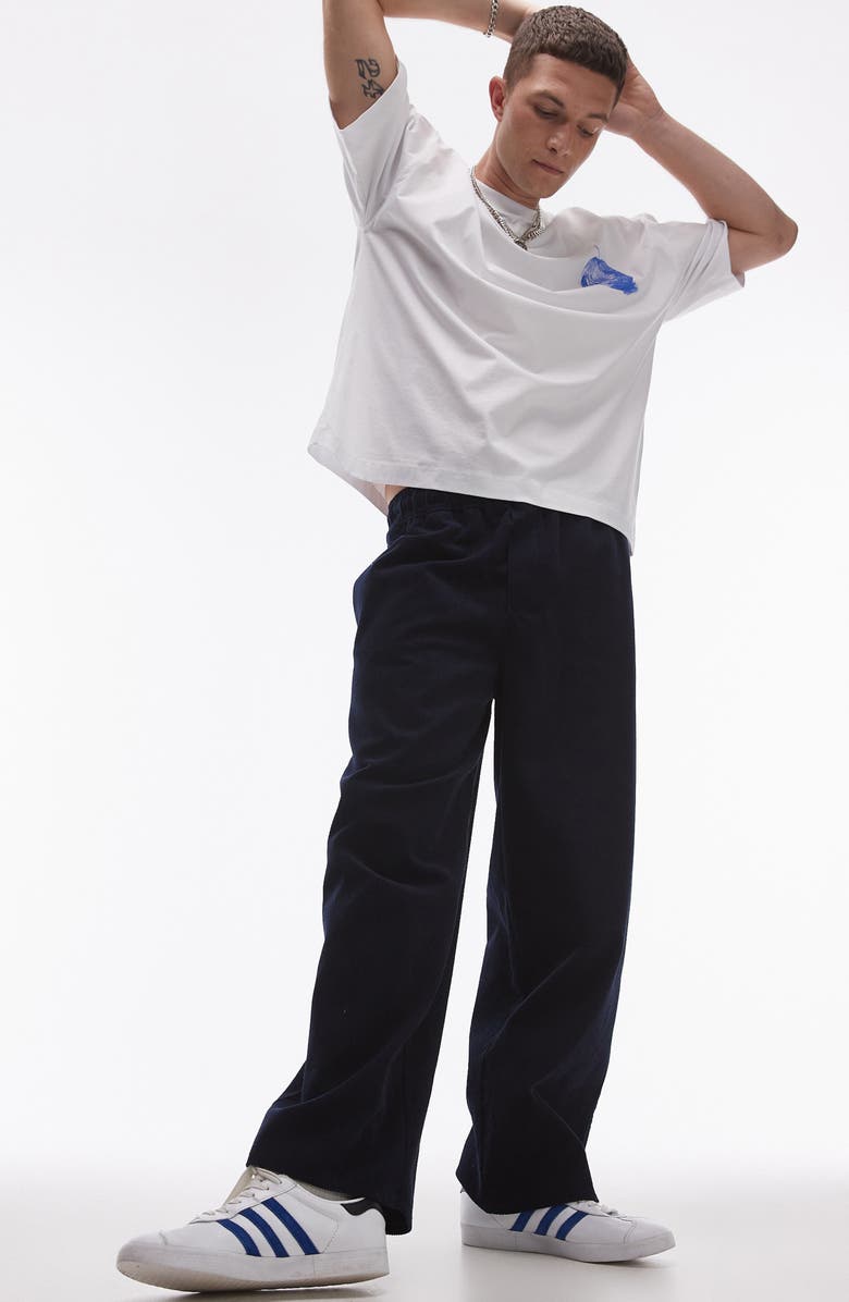 Topman Wide Leg Corduroy Pants, Alternate, color, Navy