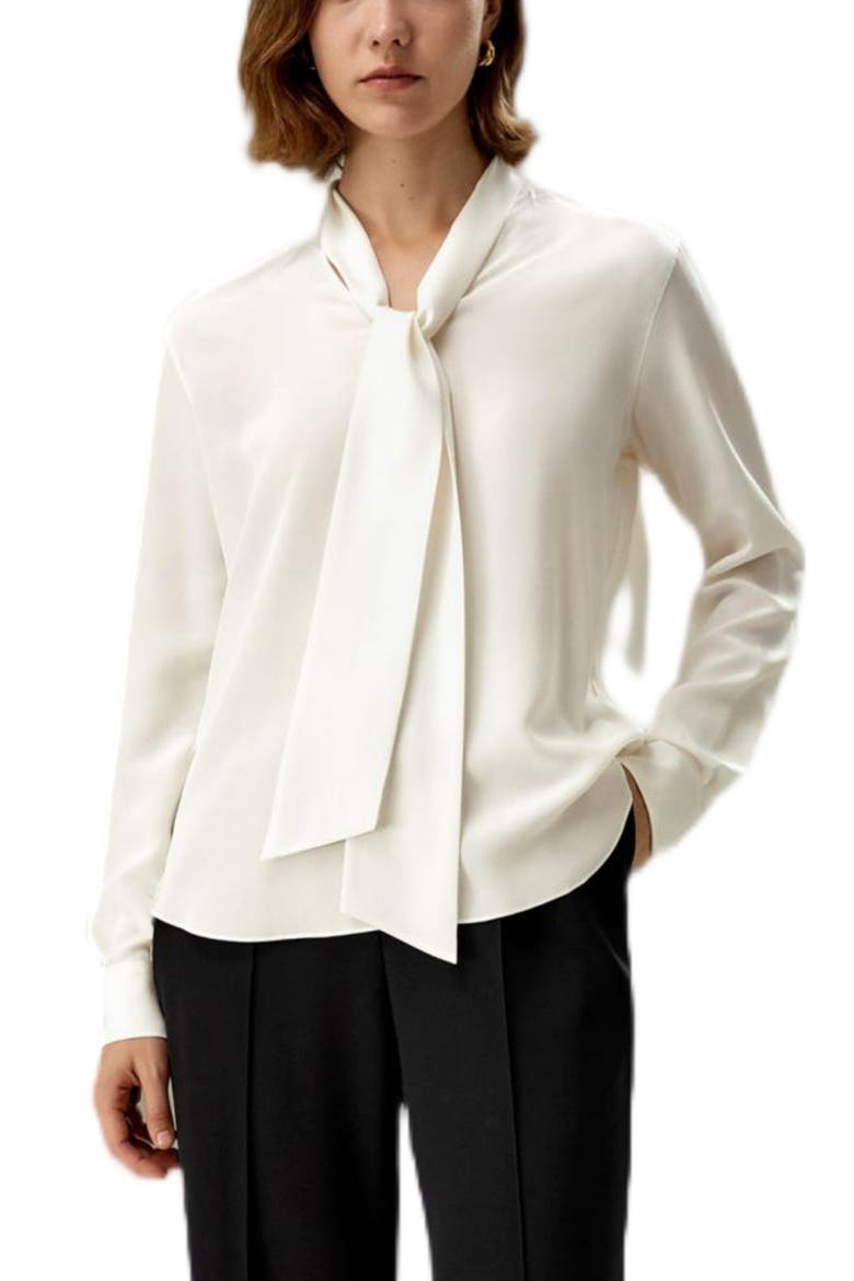Women's Silk Bowtie Blouse, Main, color, Natural White
