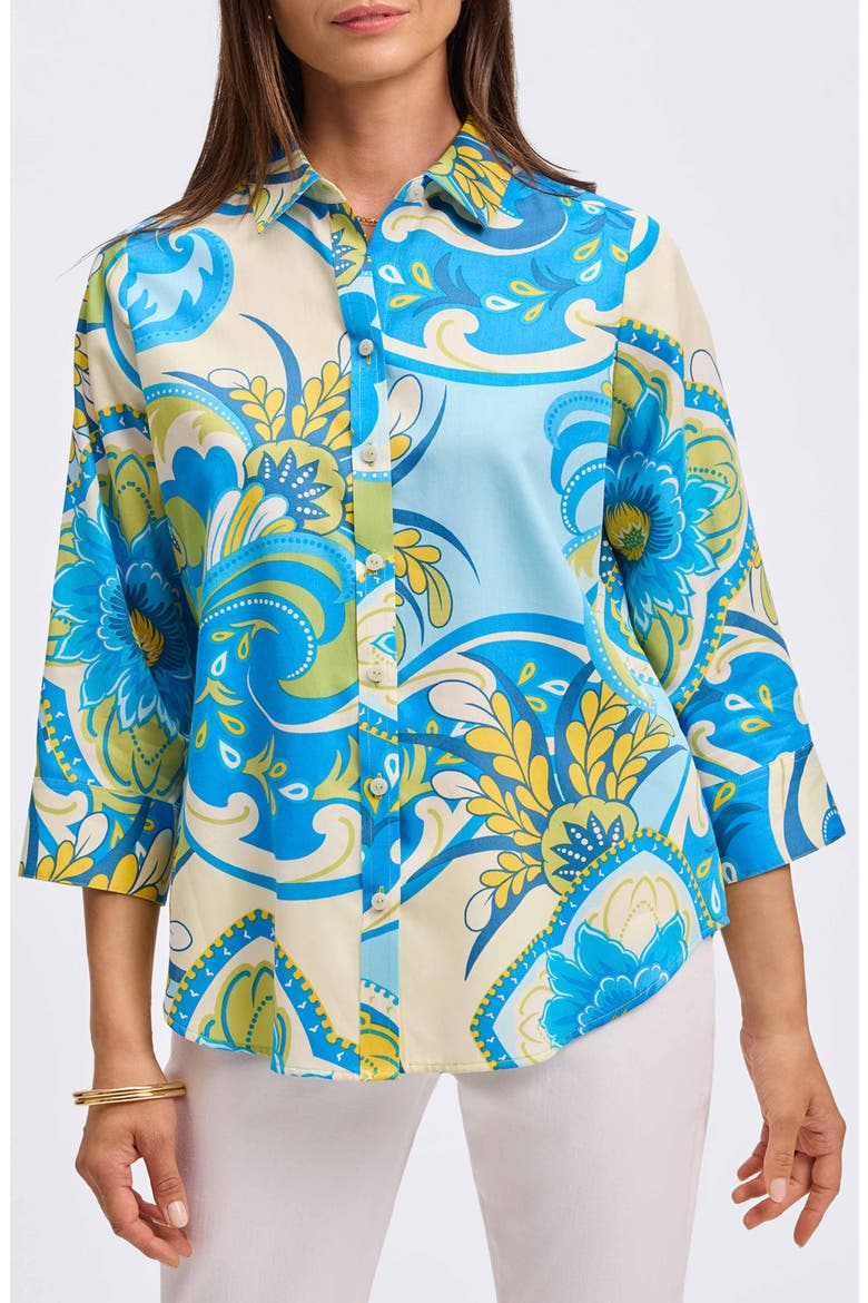 Margie Three-Quarter Sleeve Cotton Button-Up Shirt, Main, color, BLUE/ GREEN/ WHITE