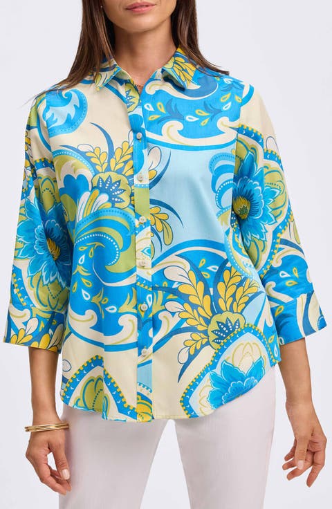 Margie Three-Quarter Sleeve Cotton Button-Up Shirt