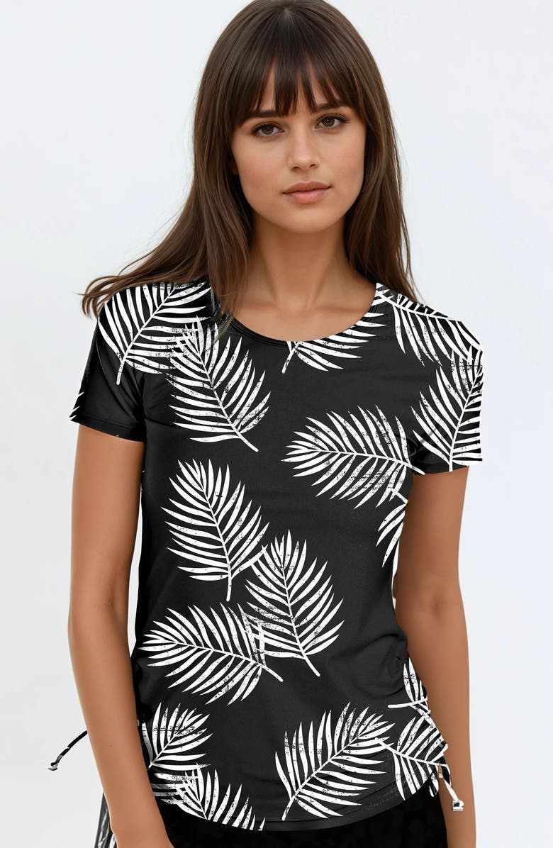 Calypsa Short Sleeve Adele Swim Top, Main, color, Black Palms