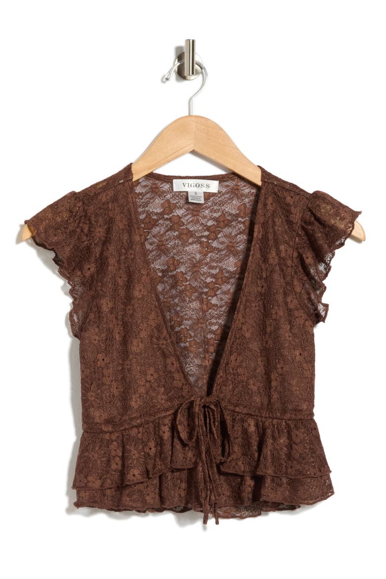 Tiered Lace Tie Front Top, Main, color, BROWN