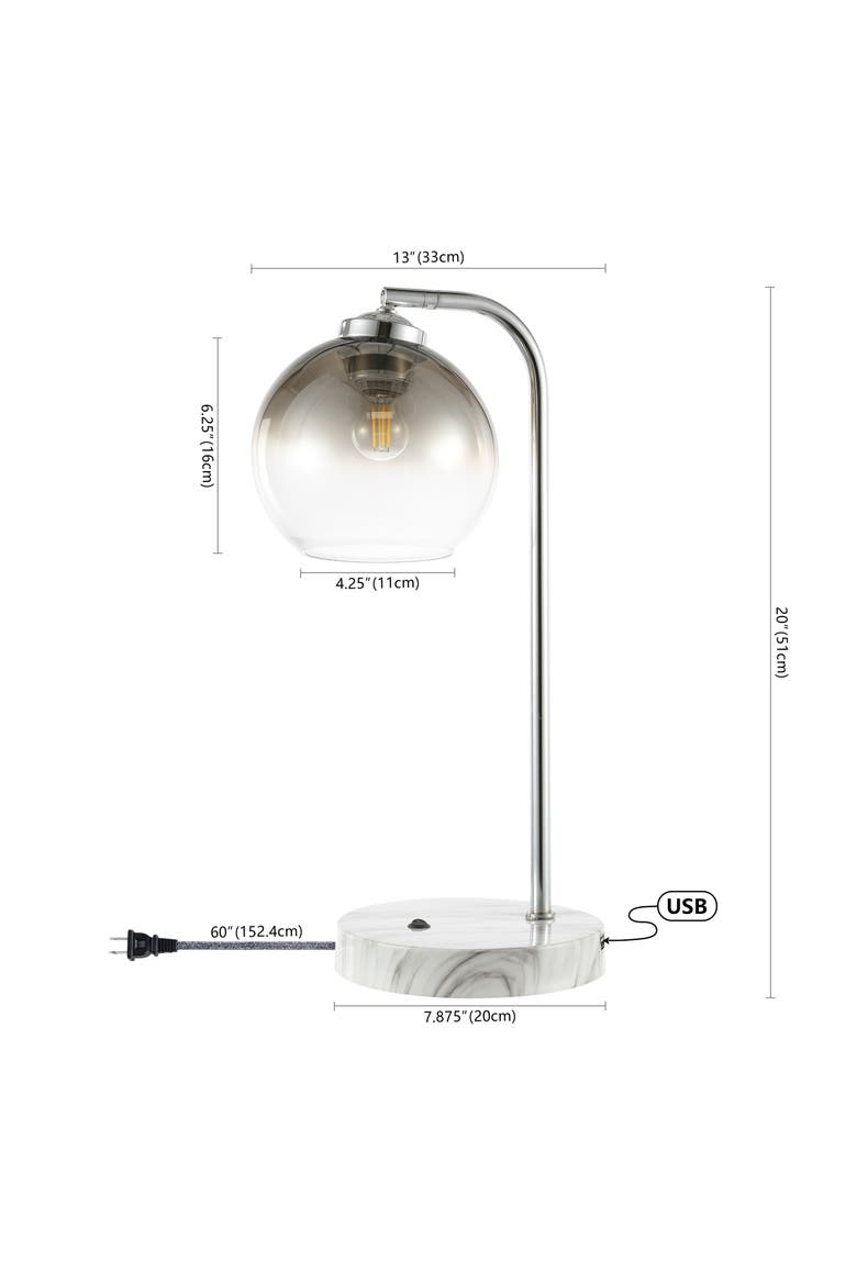 Ada 20" Industrial Contemporary Iron/Glass LED Task Lamp with USB Charging Port, Chrome/Smoke Gray, Alternate, color, Chrome