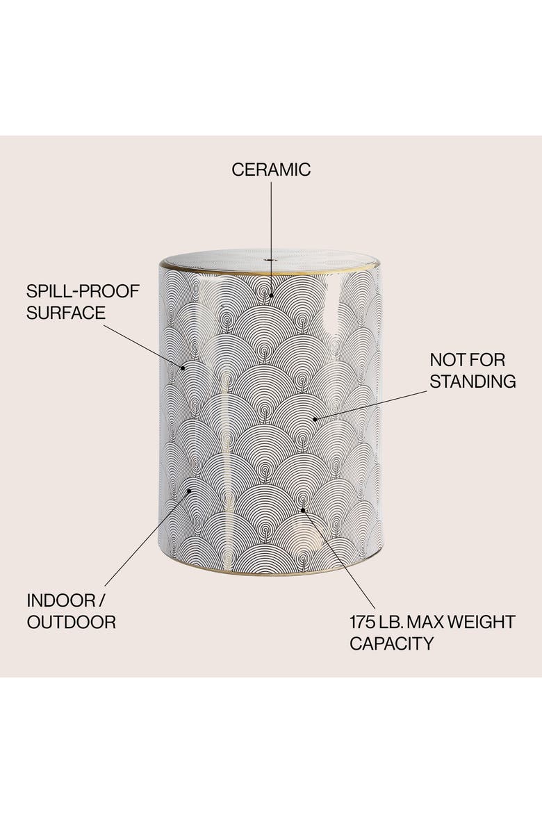 Fish Scale Traditional Floral Chinoiserie Ceramic Drum Garden Stool, Pierced Indoor/Outdoor Patio Seat & Side Table, Alternate, color, White/Gold