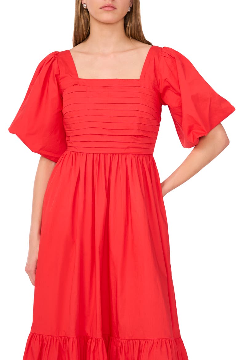 Pleated Bodice Puff Sleeve Cotton Maxi Dress, Alternate, color, DEEP ROUGE