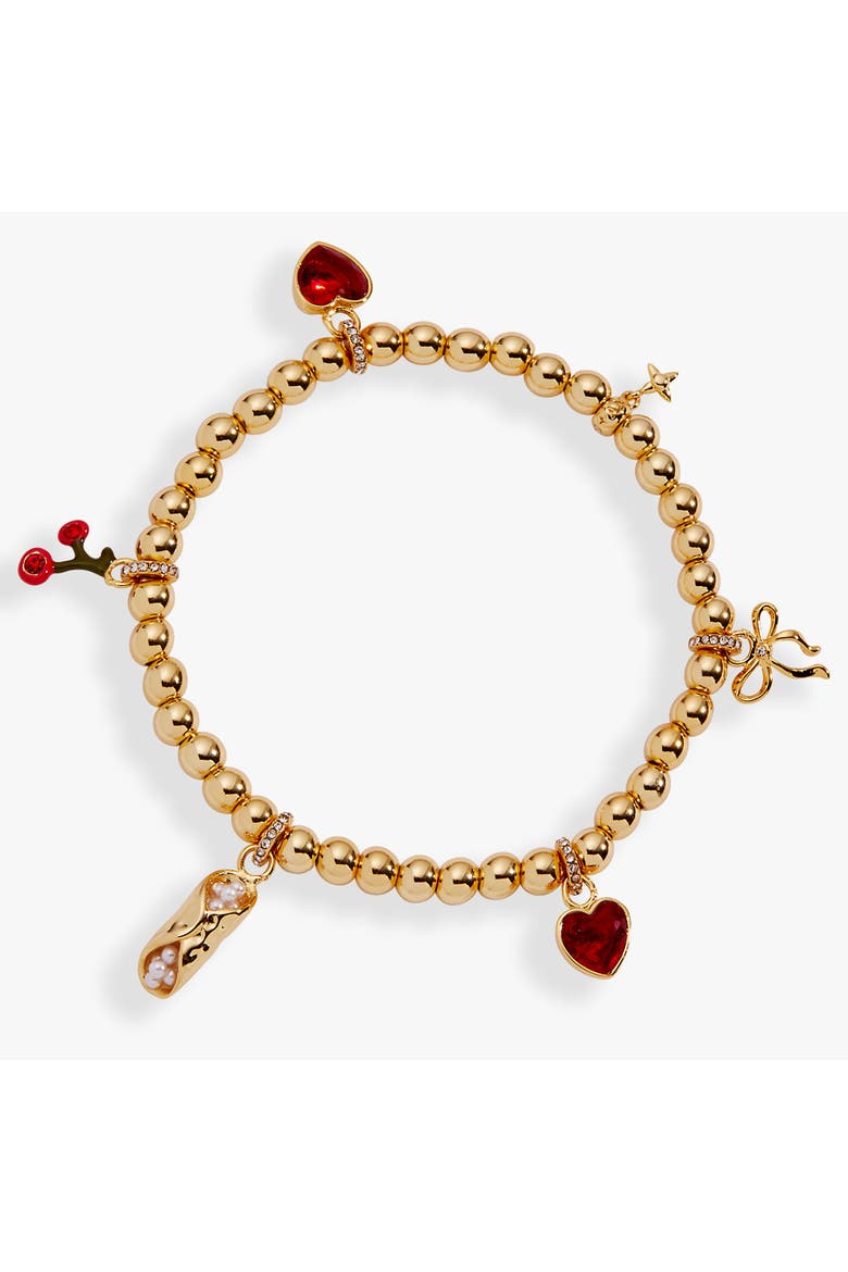 There Cannoli Be You' Bow & Heart Beaded Charm Stretch Bracelet, Main, color, Gold