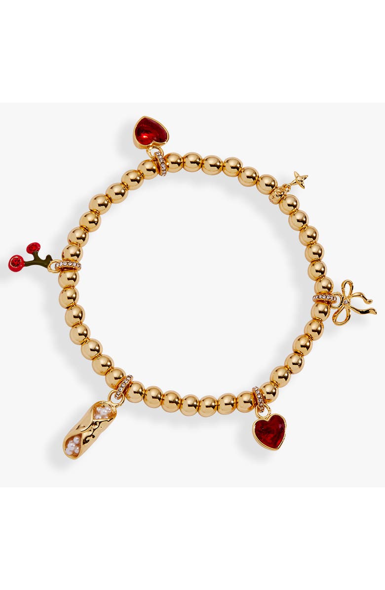 Alex and Ani There Cannoli Be You' Bow & Heart Beaded Charm Stretch Bracelet, Main, color, Gold