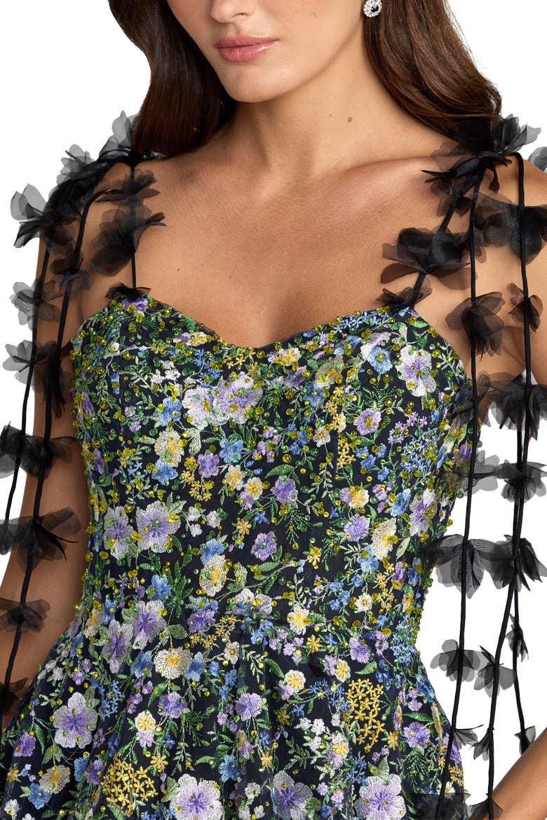 Floral Embroidered Tulle A-Line Gown, Alternate, color, Black Multi