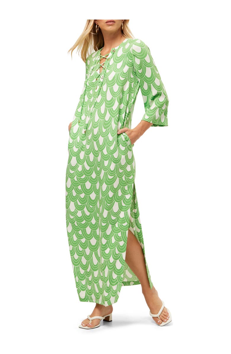 Trina Turk Catamaran Printed Lace Up Dress, Main, color, Grass Court Green/Whitewash