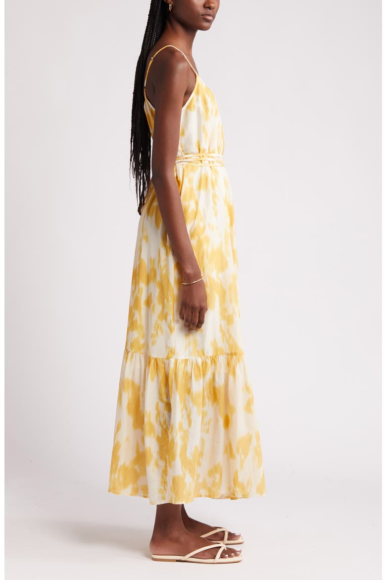 Cotton & Silk Tie Waist Tiered Sundress, Alternate, color, IVORY DOVE- YELLOW LOTUS BLUR
