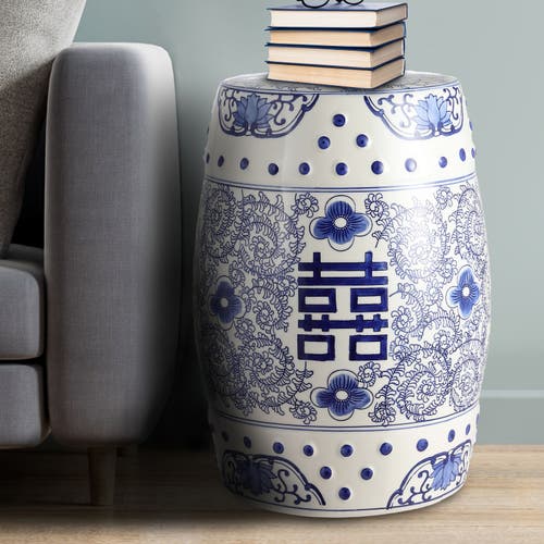 Jonathan Y Double Happiness 18" Chinoiserie Ceramic Drum Garden Stool In Blue/white