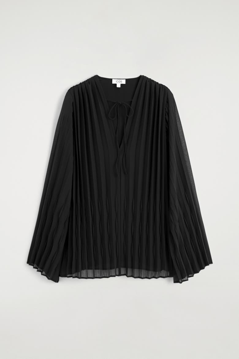 Tie-Front Pleated Georgette Blouse, Alternate, color, BLACK