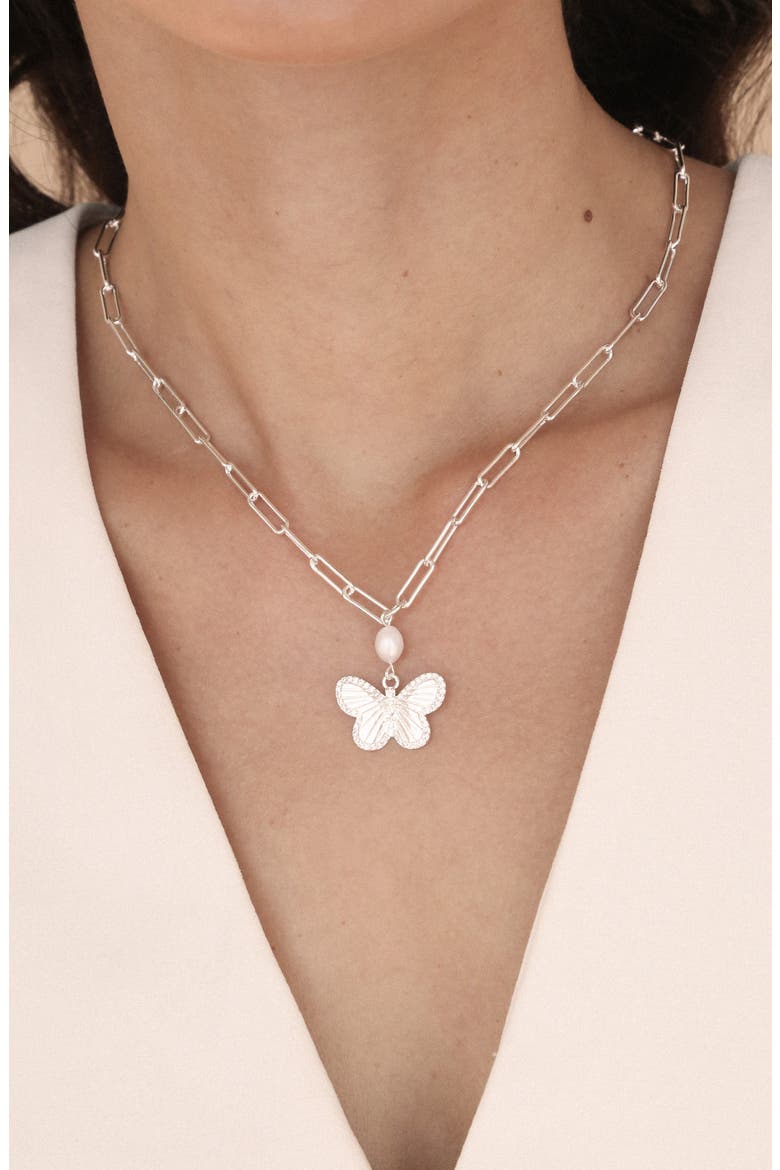 Butterlfy & Freshwater Pearl Pendant Necklace, Alternate, color, SILVER
