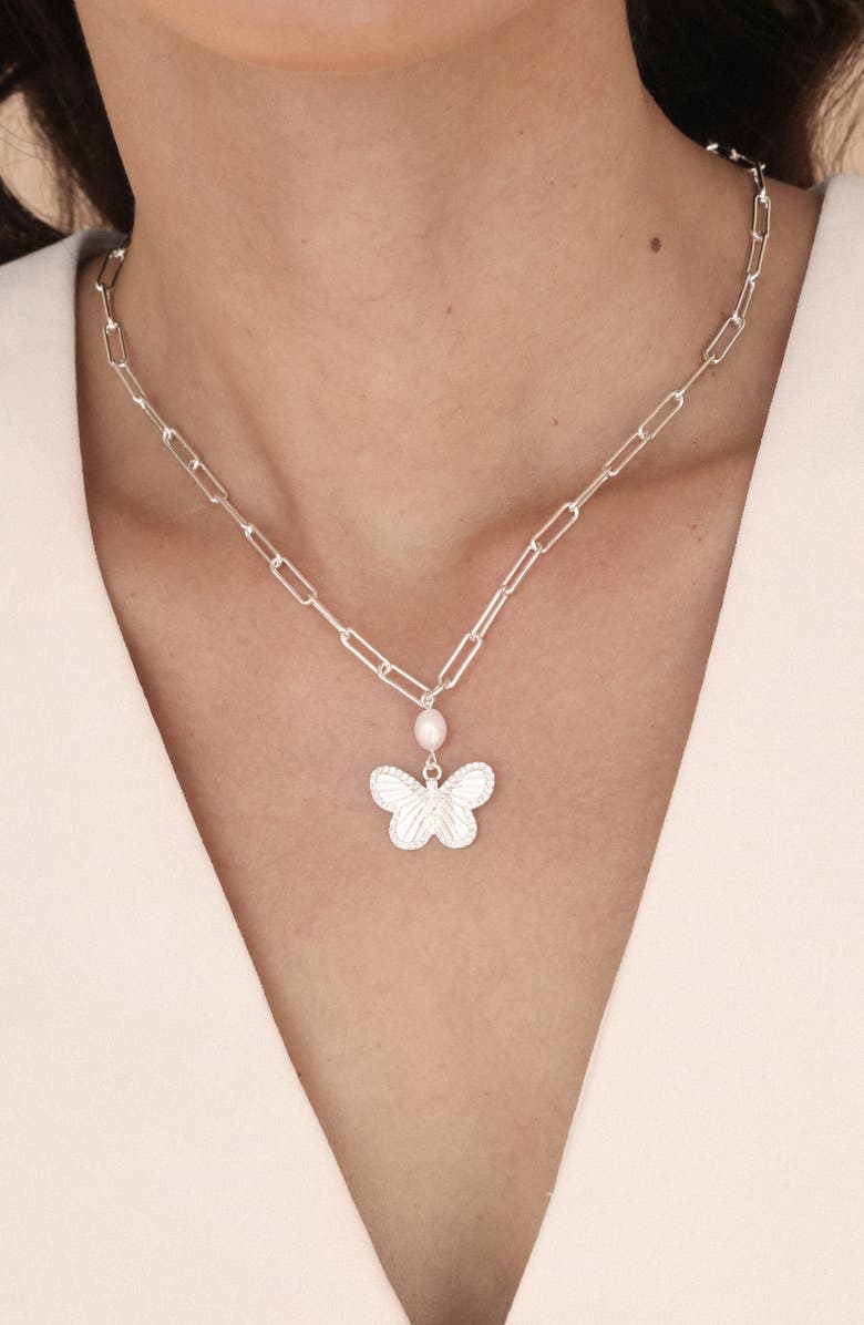Ettika Butterlfy & Freshwater Pearl Pendant Necklace, Alternate, color, Silver