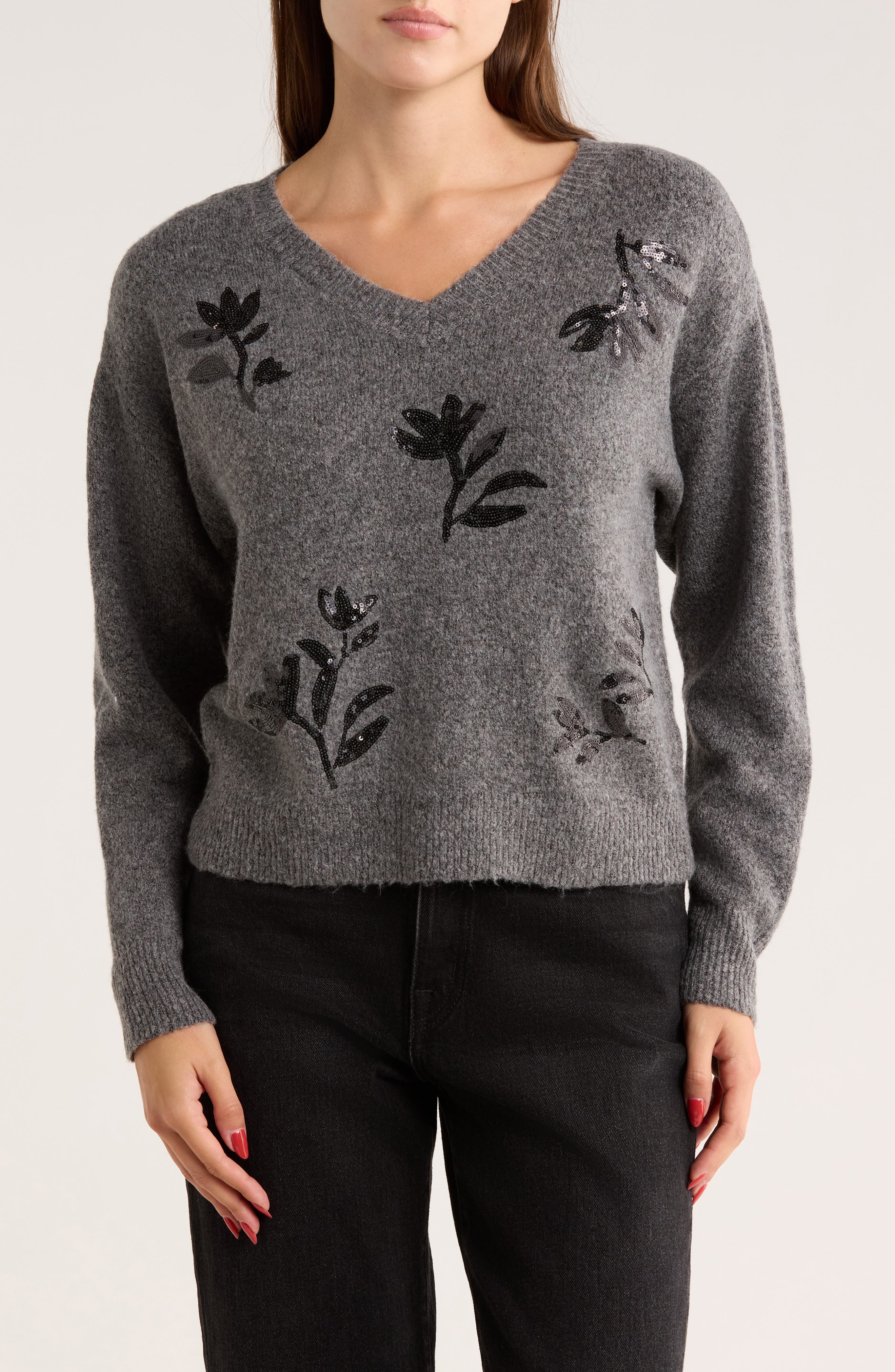 Gemma + Jane Floral Sequin V-Neck Sweater