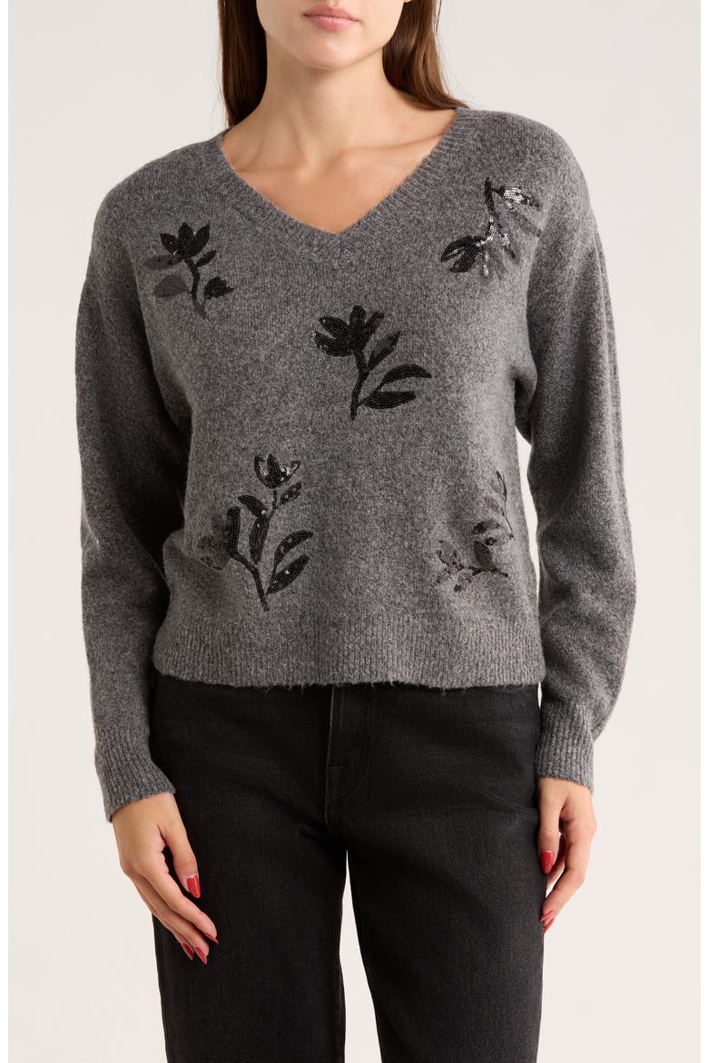 Floral Sequin V-Neck Sweater, Main, color, CHARCOAL