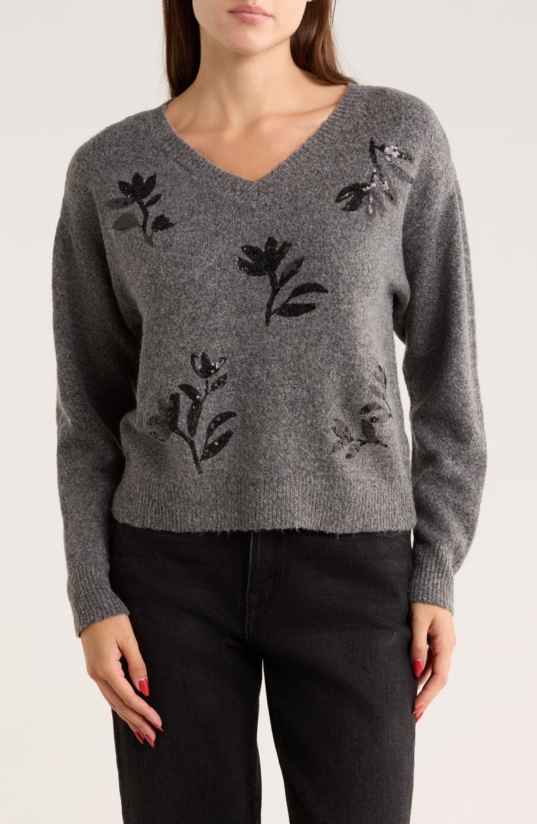 Gemma + Jane Floral Sequin V-Neck Sweater, Main, color, Charcoal