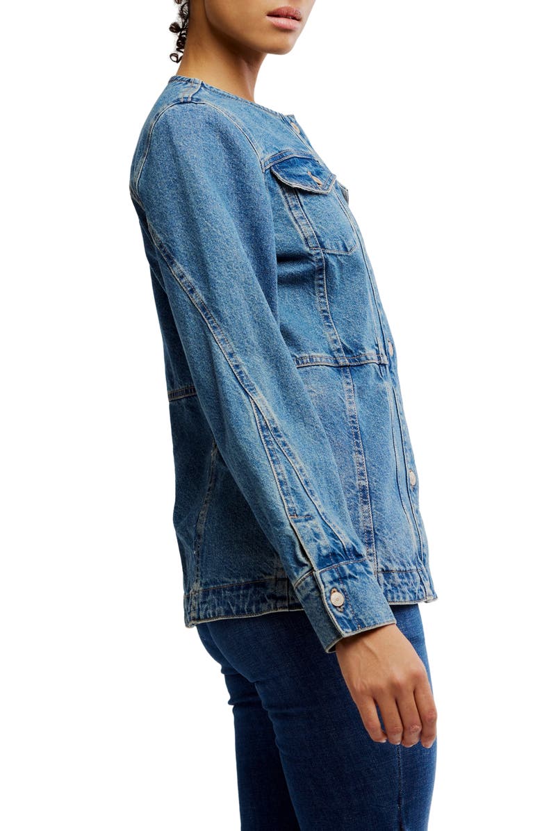 Free People Lula Collarless Denim Jacket, Alternate, color, River Blues