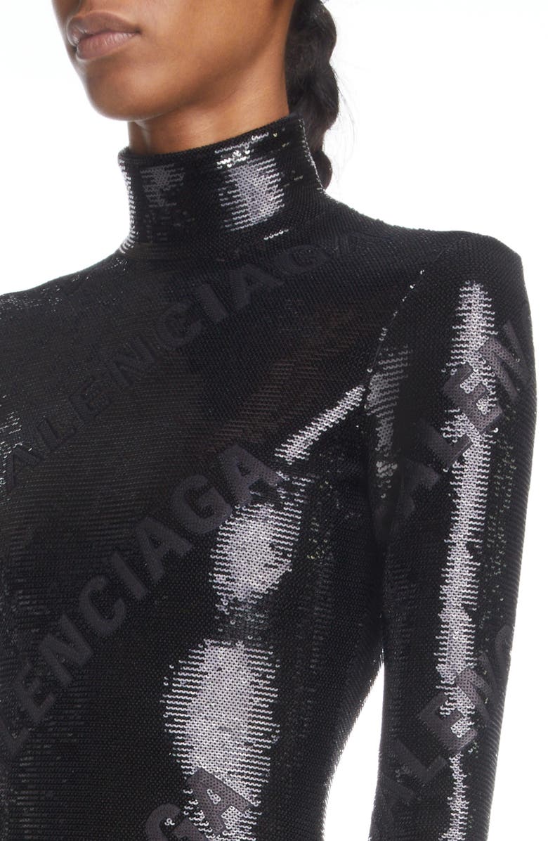Balenciaga Sequin Logo Long Sleeve Turtleneck Body-Con Dress, Alternate, color, Black/ Black Mat