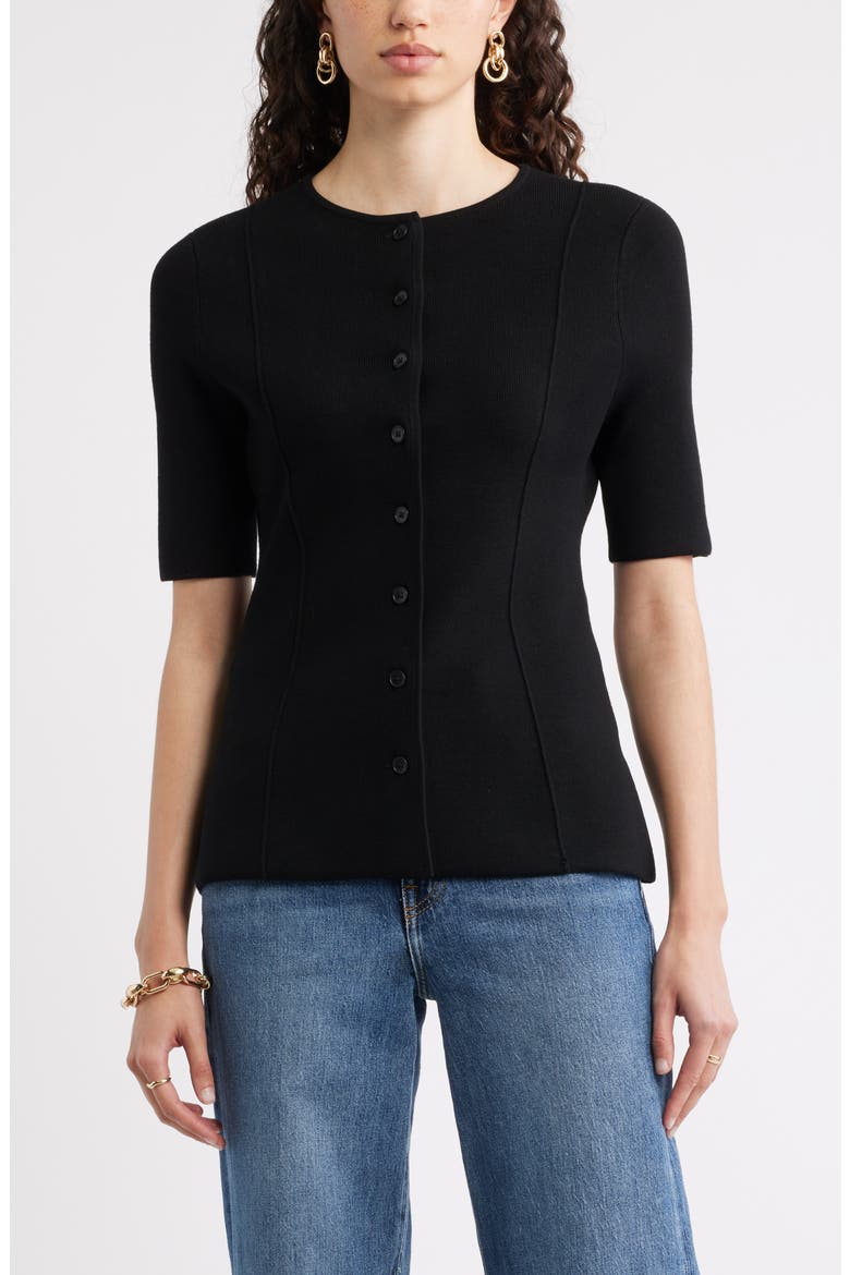 Crewneck Elbow Sleeve Cardigan, Main, color, BLACK