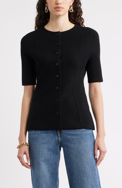 Crewneck Elbow Sleeve Cardigan