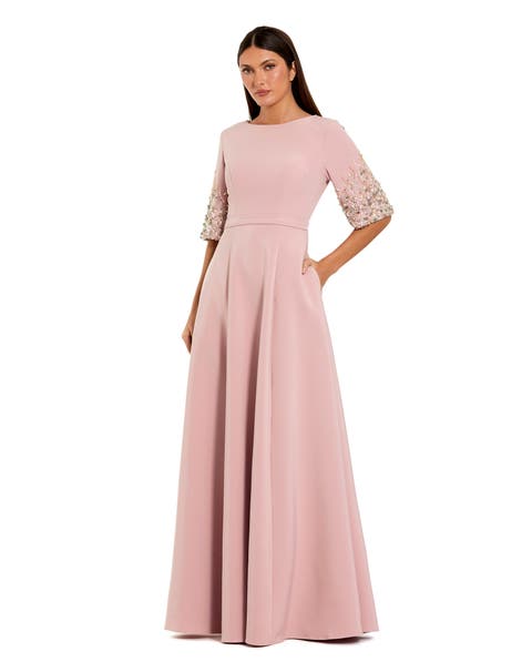 Women's 3/4 Sleeve Crepe Gown With Sleeve Embellishments