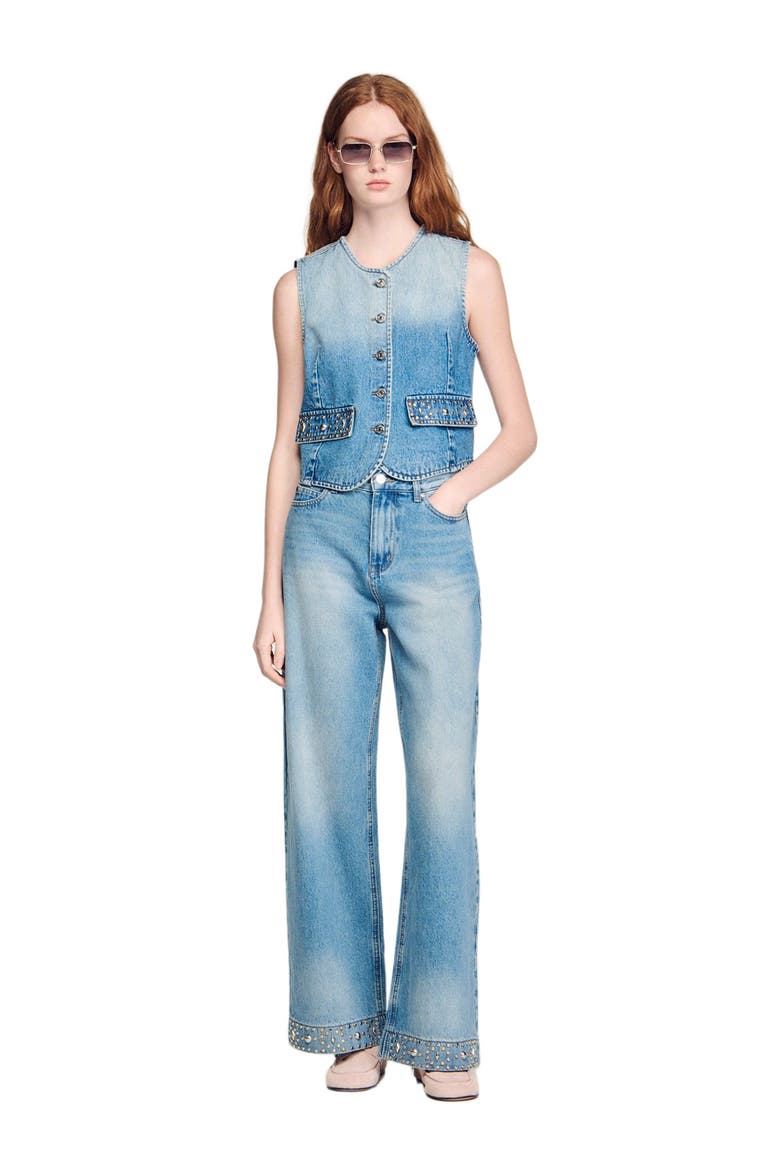 Straight rhinestone cotton jeans, Alternate, color, Blue jean