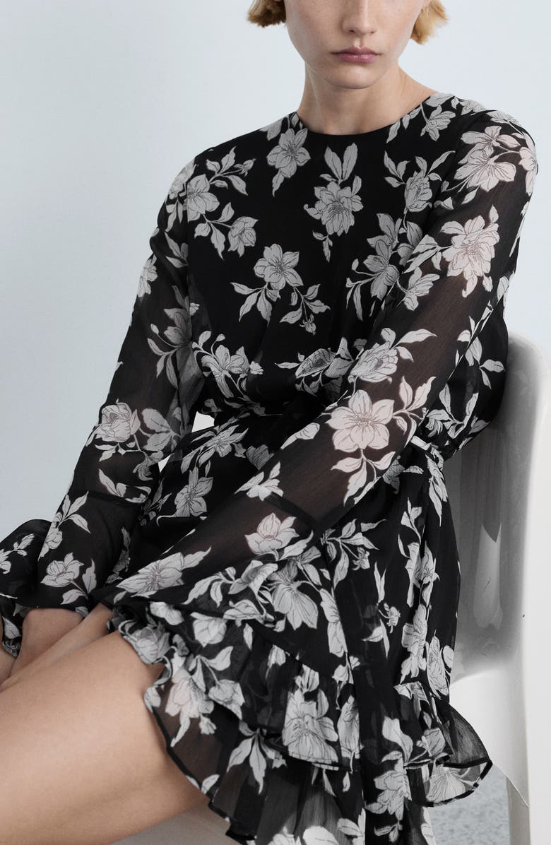 MANGO Floral Ruffle Long Sleeve Tie Belt Dress, Alternate, color, Black