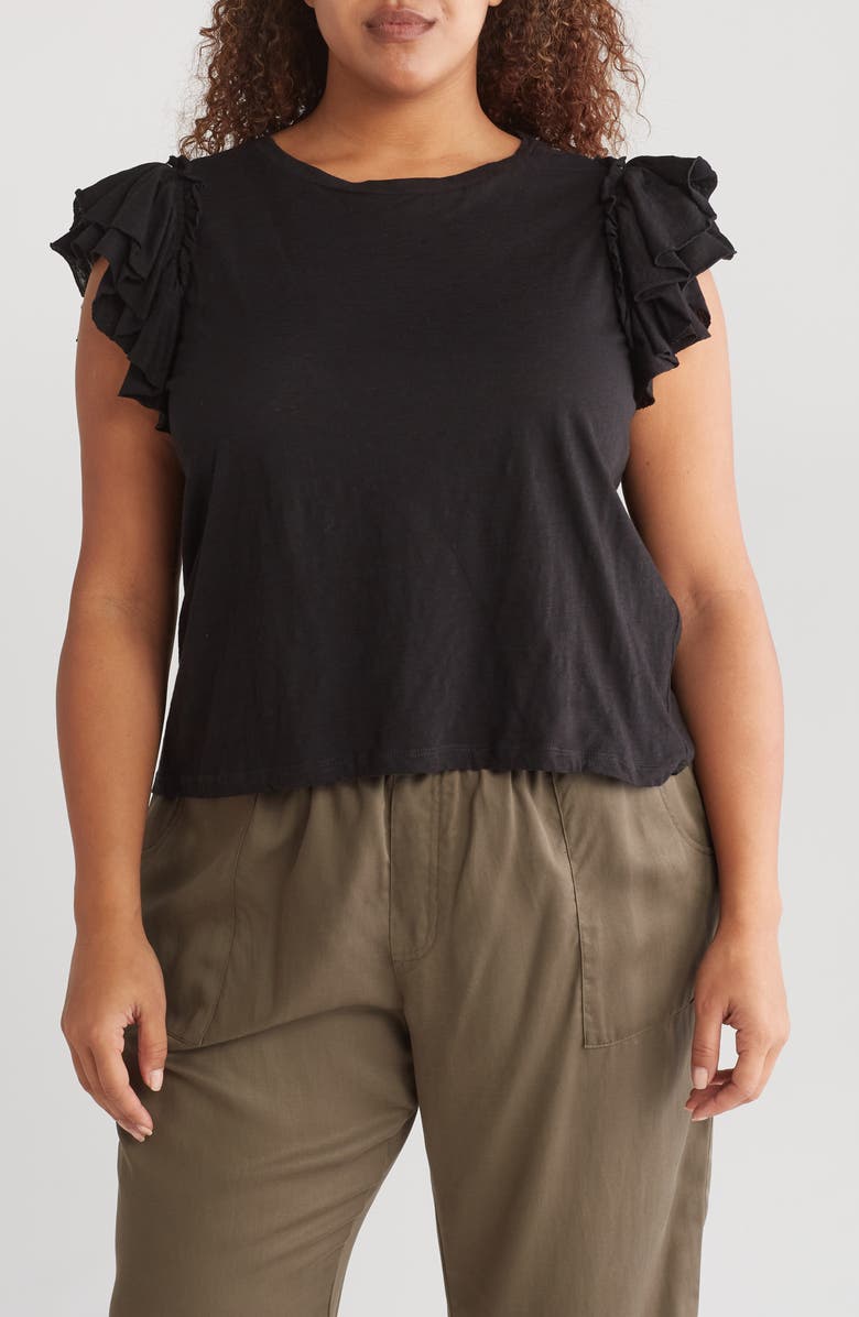 INDUSTRY REPUBLIC CLOTHING Double Flutter Ruffle Sleeve Pima Cotton T-Shirt, Main, color, 