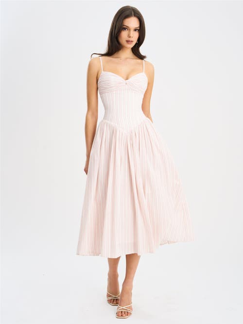 Miss Circle Women Zania Pink Stripe Ruched Breast Cotton Jacquard Midi Dress
