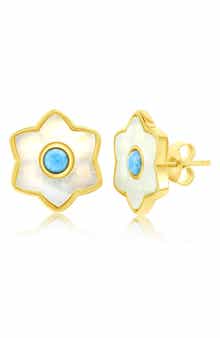 Larimar & Mother-of-Pearl Flower Stud Earrings